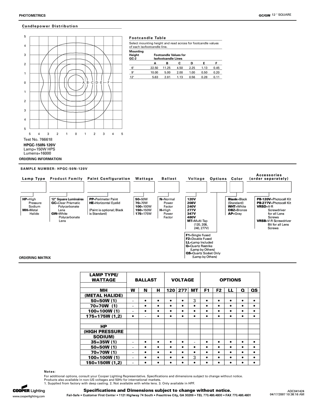 Cooper Lighting GW specifications HPGC-150N-120V, Photometrics, Ordering Information, Ordering Matrix 