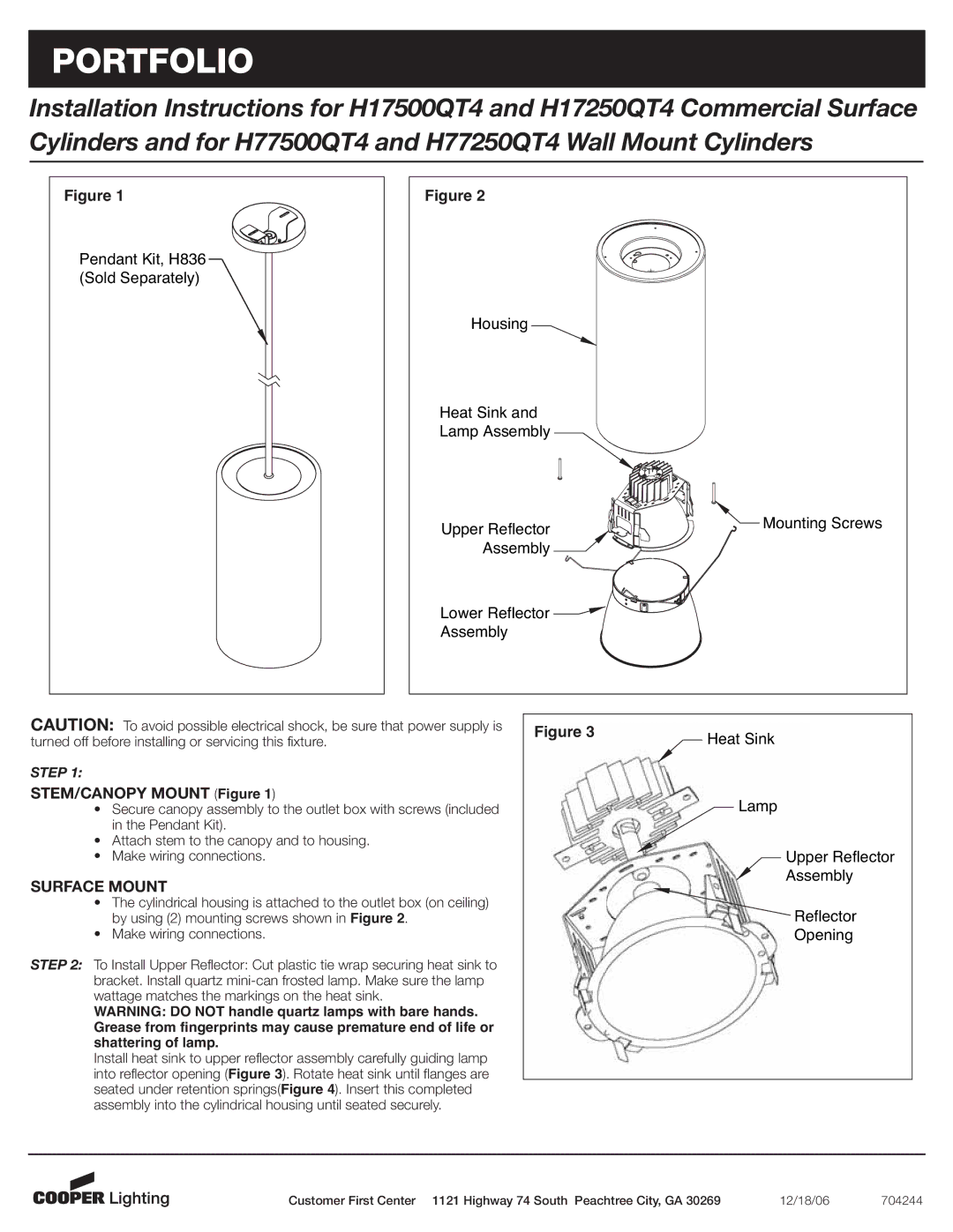 Cooper Lighting H17500QT4, H17250QT4 installation instructions Portfolio, STEM/CANOPY Mount Figure, Surface Mount 