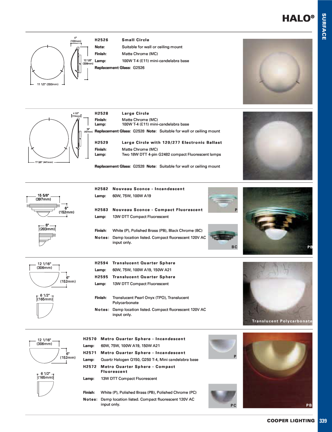 Cooper Lighting H2595, H2583 manual Halo, Surface, Cooper Lighting, Tr a n s l u c e n t P o l y c a r b o n a t e 
