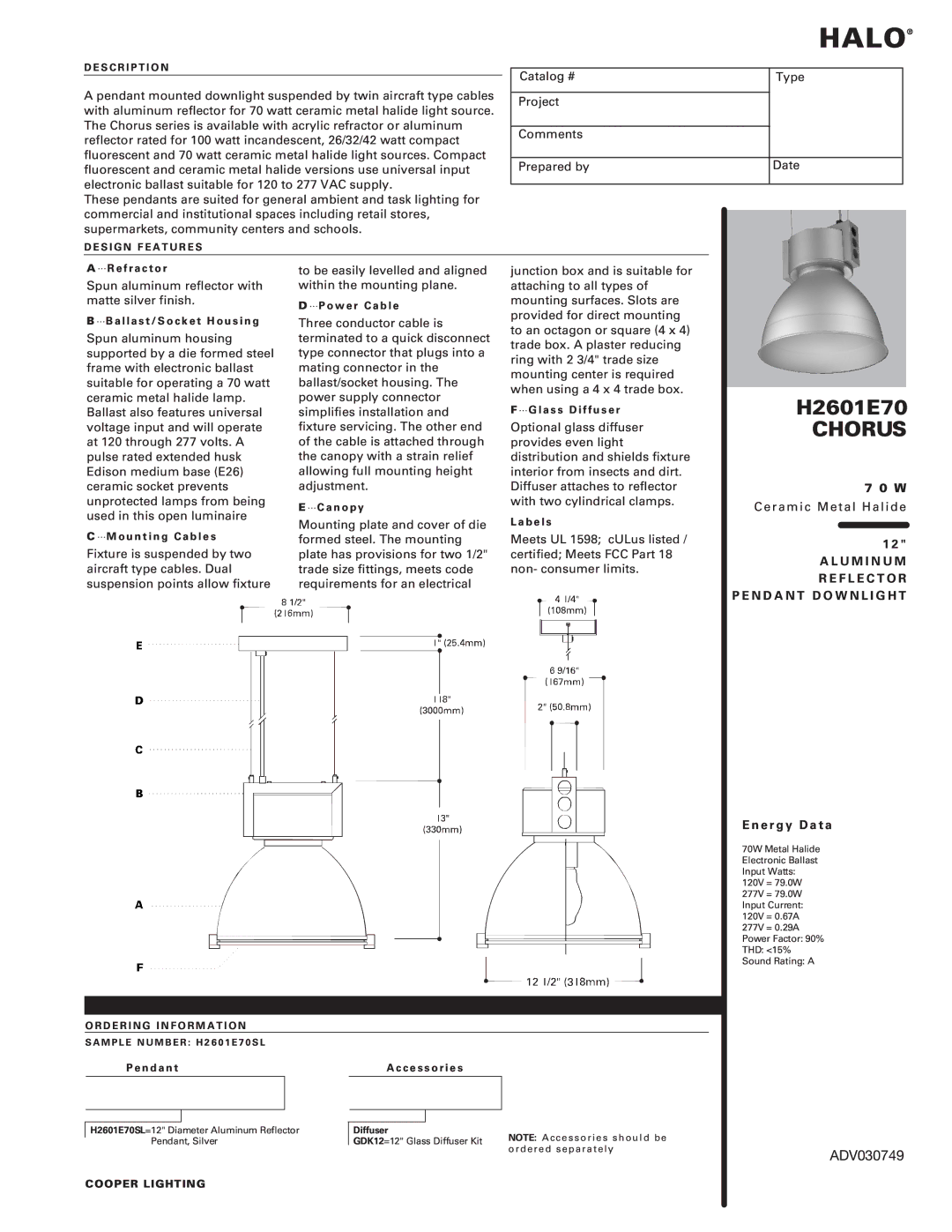 Cooper Lighting H2601E70 Chorus manual , , ,         