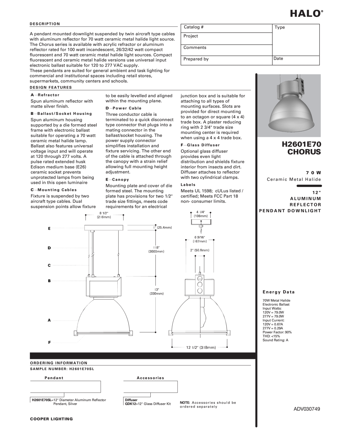 Cooper Lighting H2601E70 Chorus manual , ,  