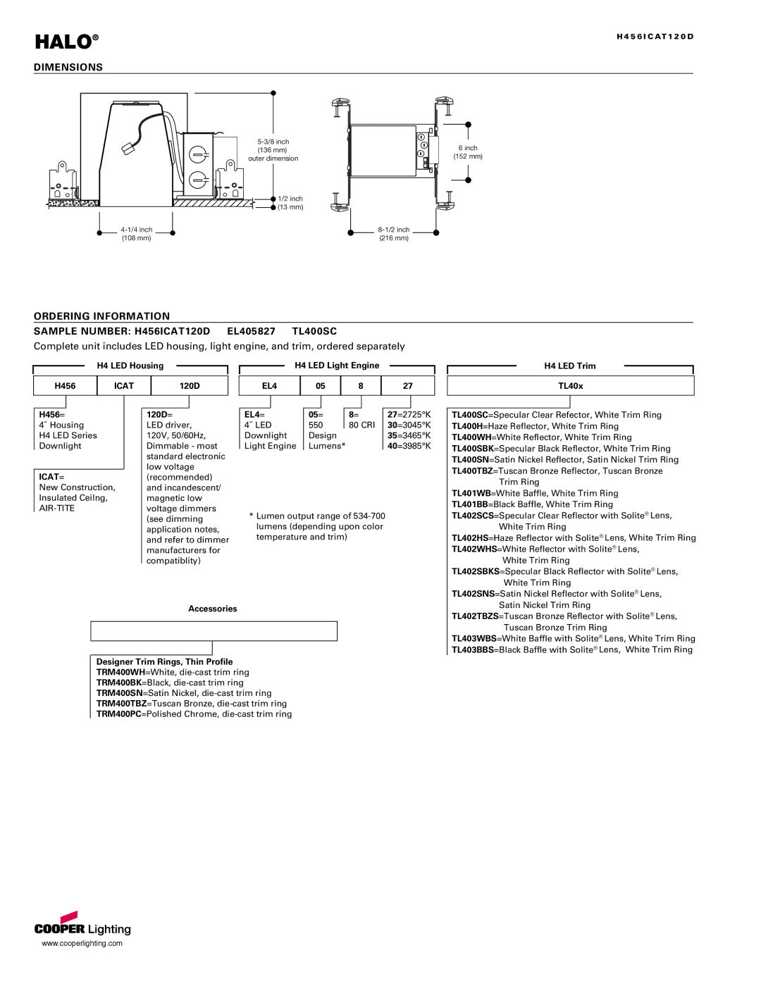 Cooper Lighting H456ICAT120D specifications EL4, Icat= 