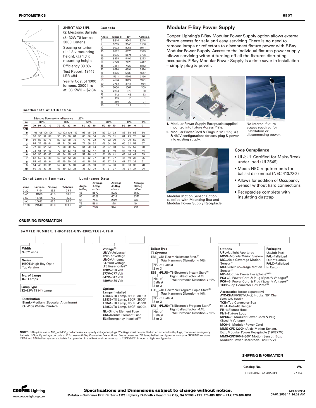 Cooper Lighting HBOT T8 SERIES Candela, Efﬁ c i e n t s of Utilization, Zonal Lumen Summary Luminance Data, Width, Series 