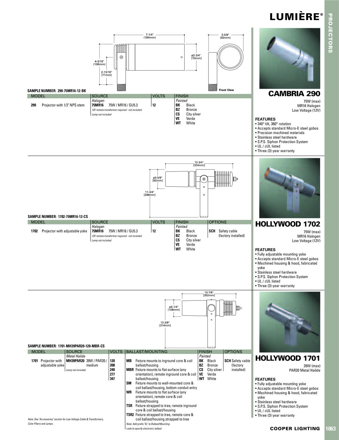 Cooper Lighting HOLLYWOOD 1701 warranty Lumiere`, Cambria, Hollywood, 1063, Projectors, Cooper Lighting, Halogen, Painted 