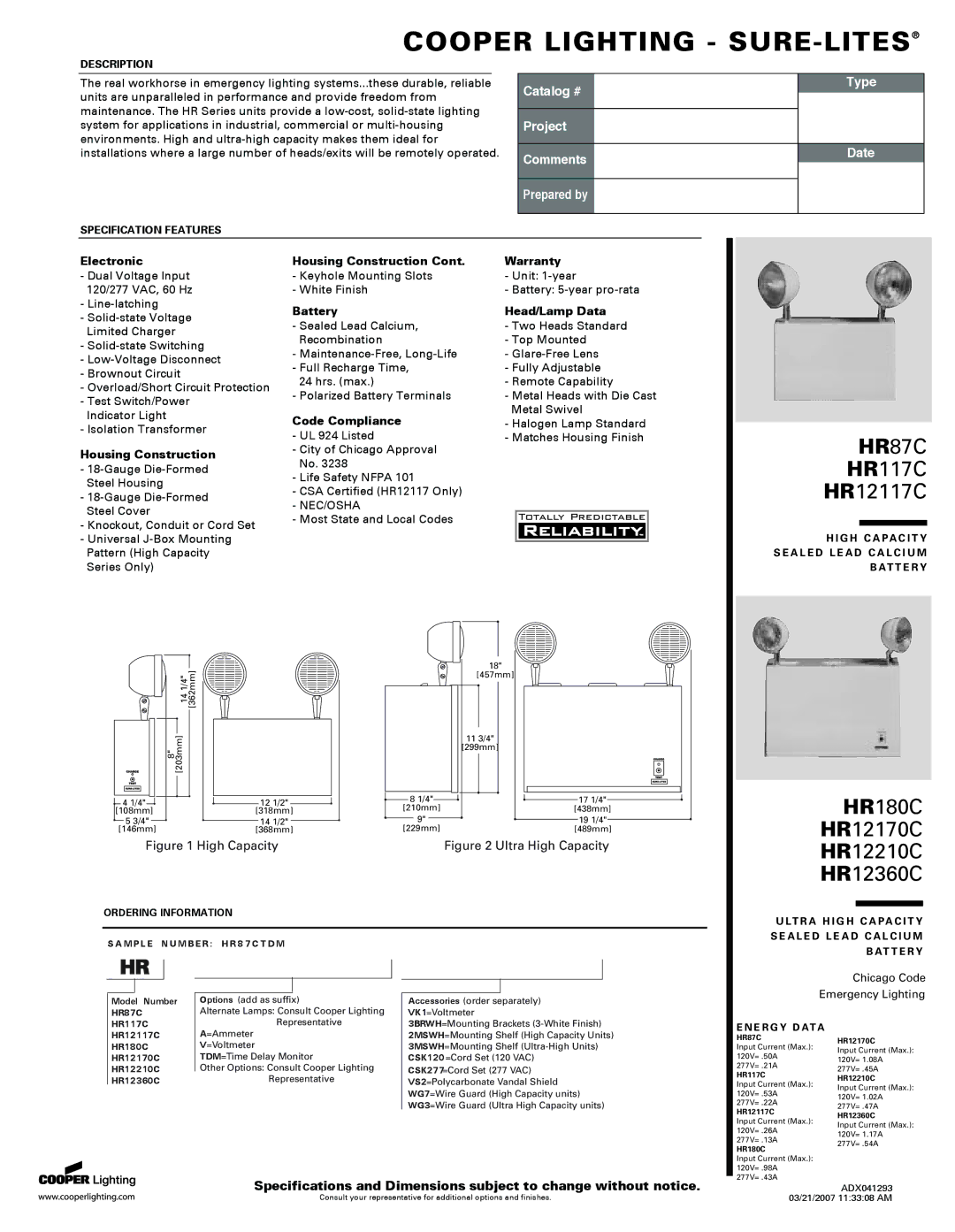 Cooper Lighting HR87C specifications HR117C HR12117C, HR180C HR12170C, HR12210C HR12360C 