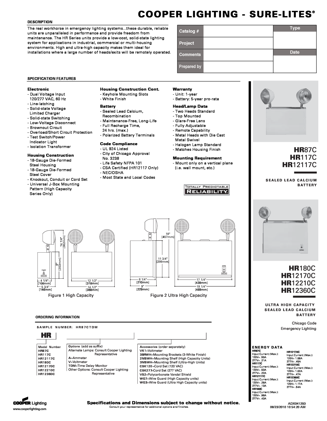 Cooper Lighting specifications Cooper Lighting - Sure-Lites, HR87C HR117C HR12117C, HR180C HR12170C HR12210C HR12360C 
