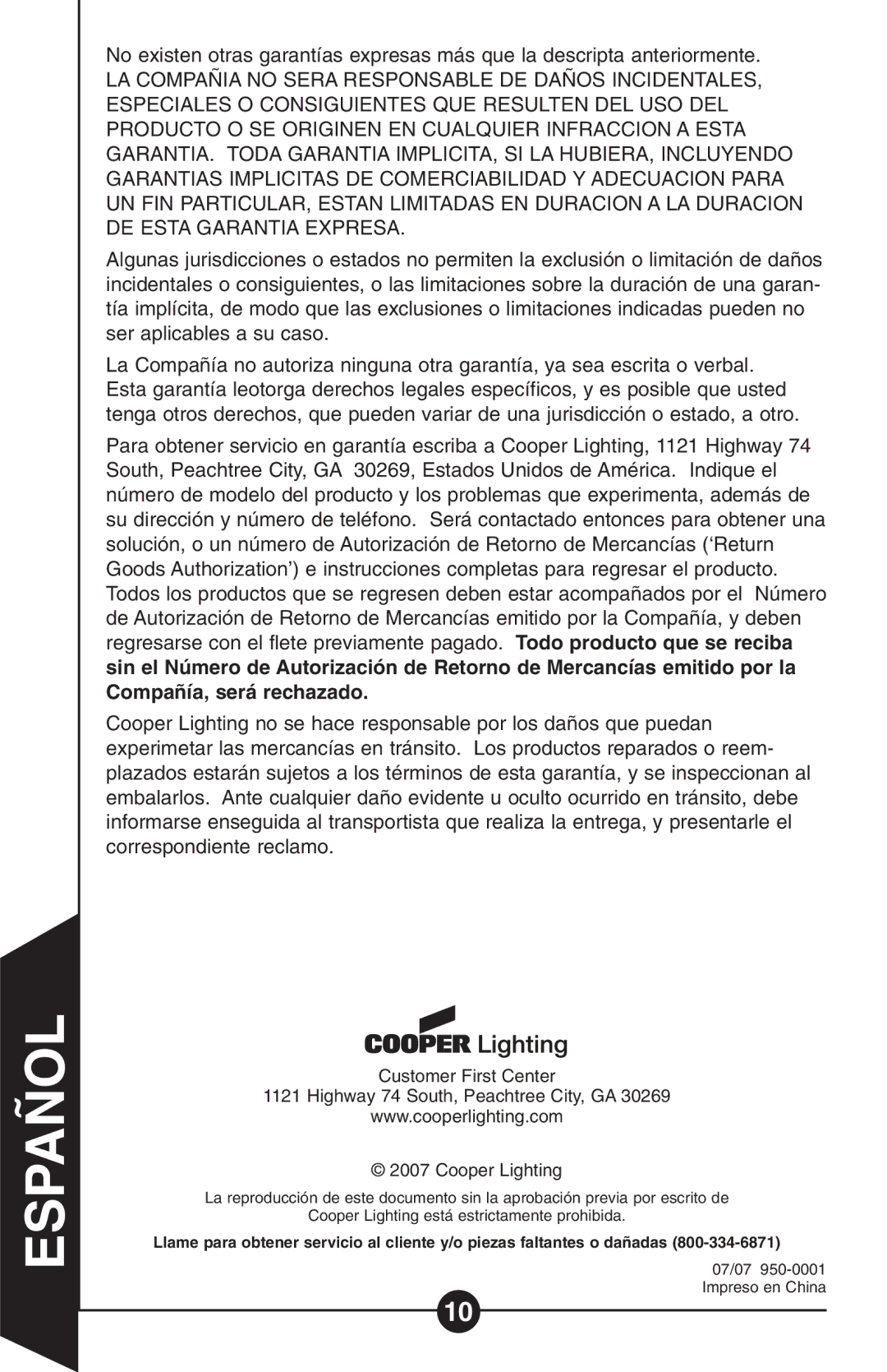 Cooper Lighting HS1R-C, Hs 1r instruction manual 07/07 950-0001 Impreso en China 