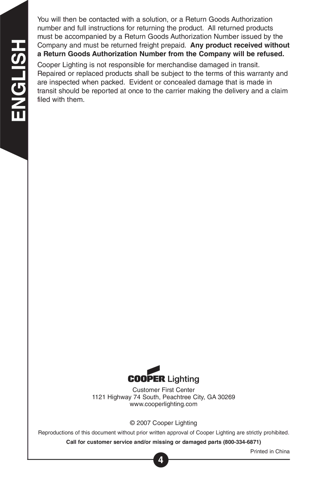 Cooper Lighting HS1R-C, Hs 1r instruction manual Call for customer service and/or missing or damaged parts 