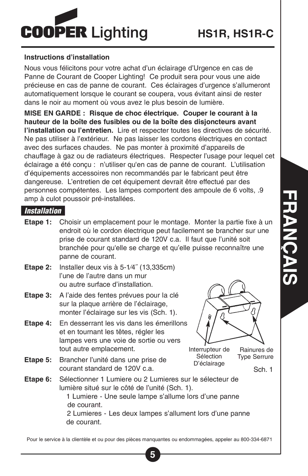 Cooper Lighting Hs 1r instruction manual HS1R, HS1R-C, Instructions d’installation 