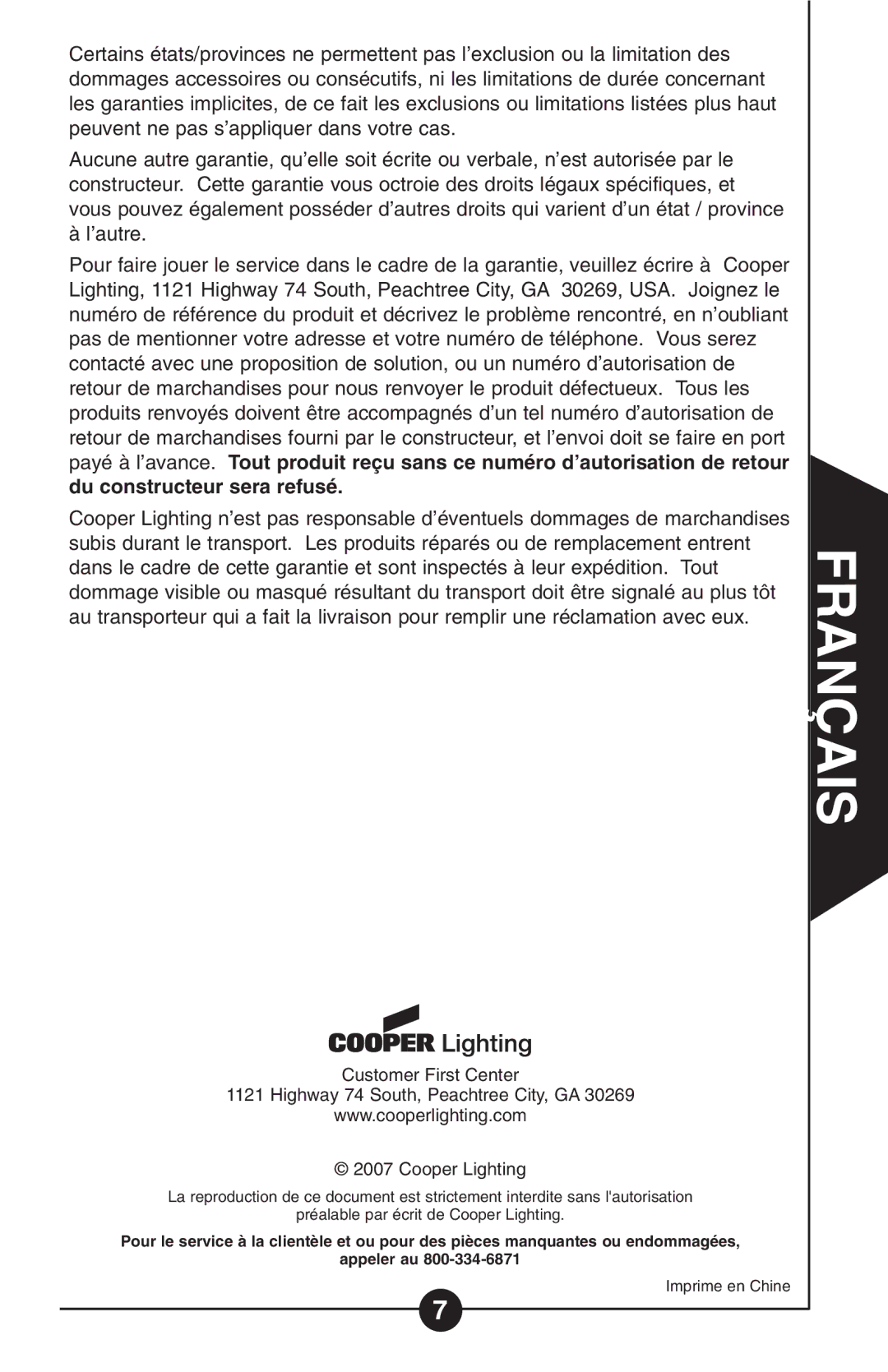 Cooper Lighting Hs 1r, HS1R-C instruction manual Imprime en Chine 