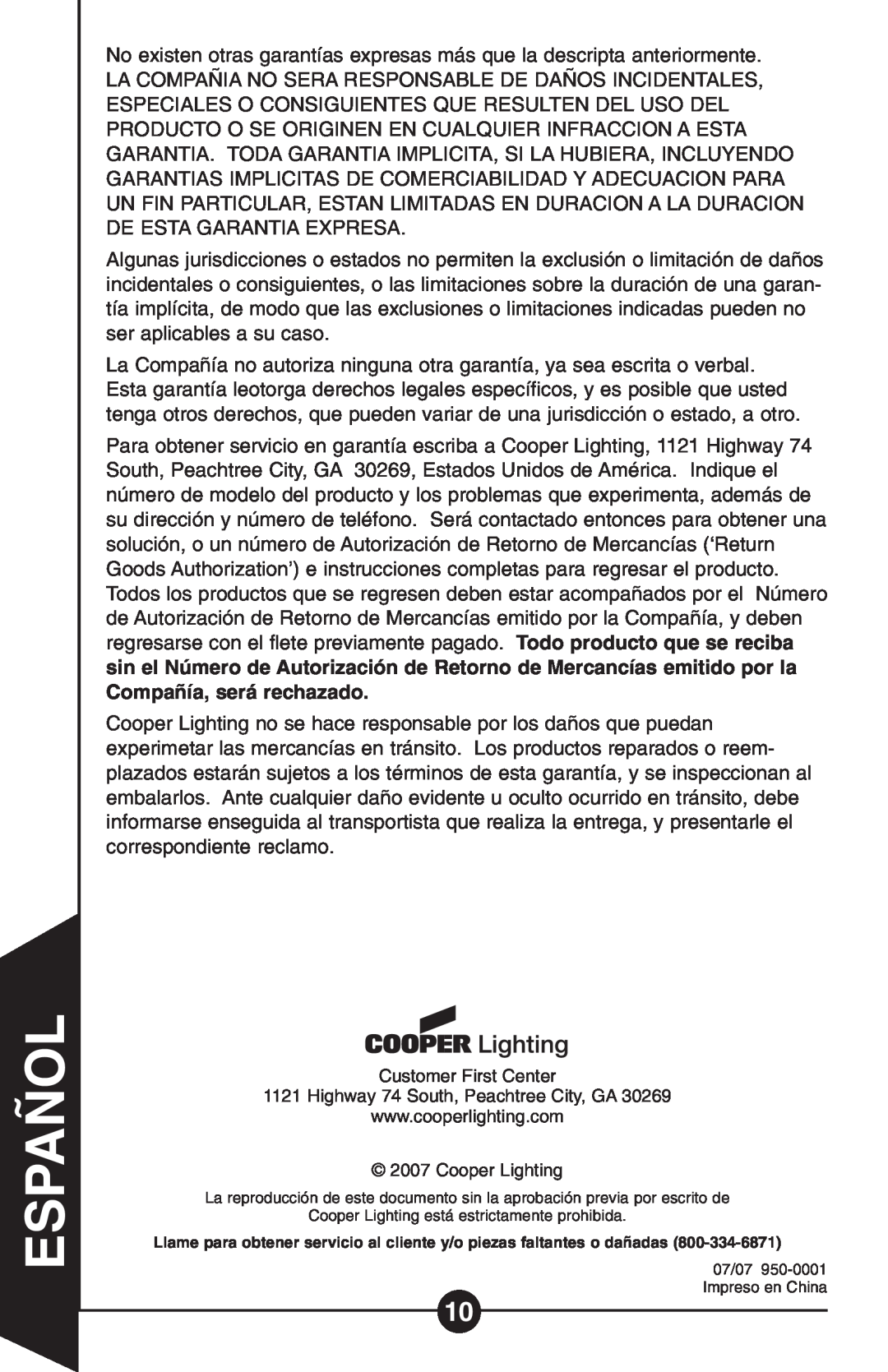 Cooper Lighting HS1R-C, Hs 1r instruction manual Español, Customer First Center, Highway 74 South, Peachtree City, GA 