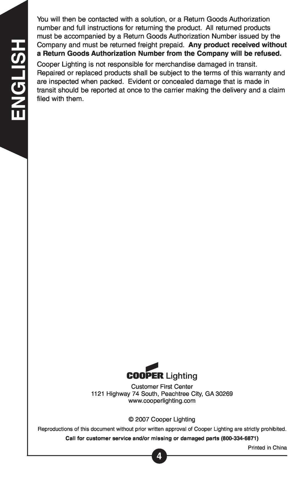 Cooper Lighting HS1R-C, Hs 1r instruction manual English, Customer First Center, Highway 74 South, Peachtree City, GA 