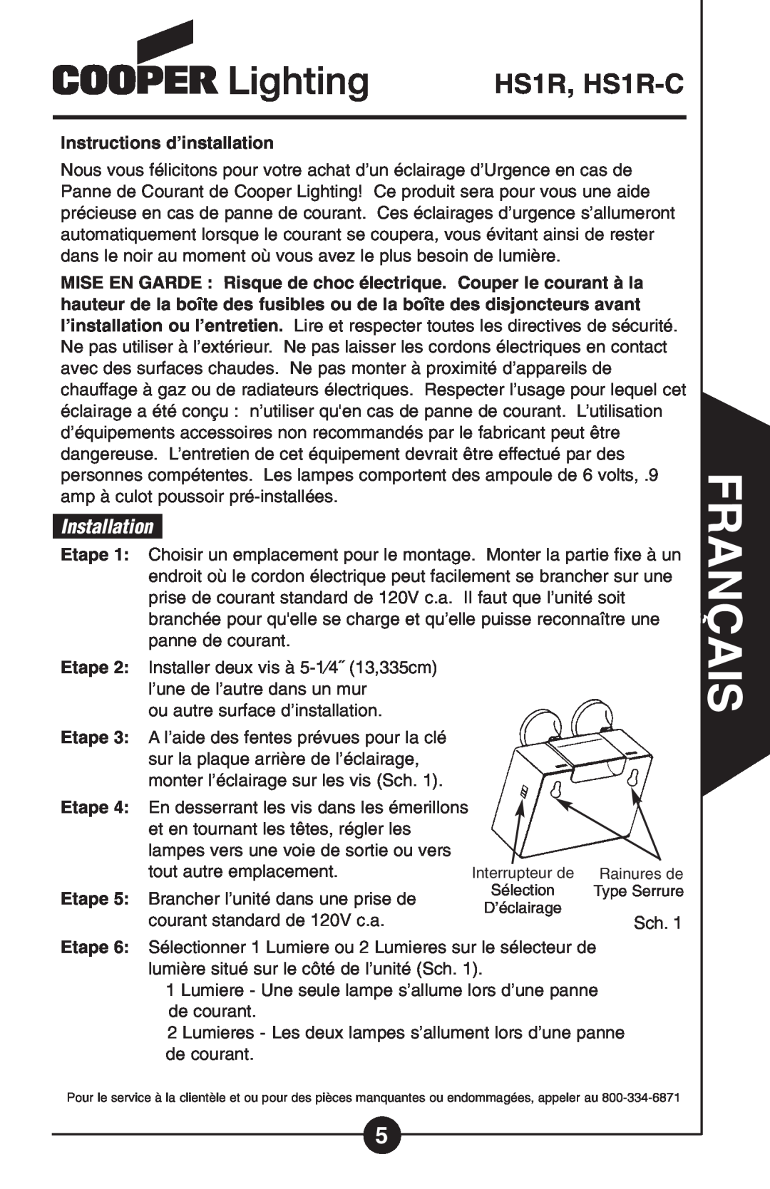 Cooper Lighting Hs 1r instruction manual Français, HS1R, HS1R-C, Installation 