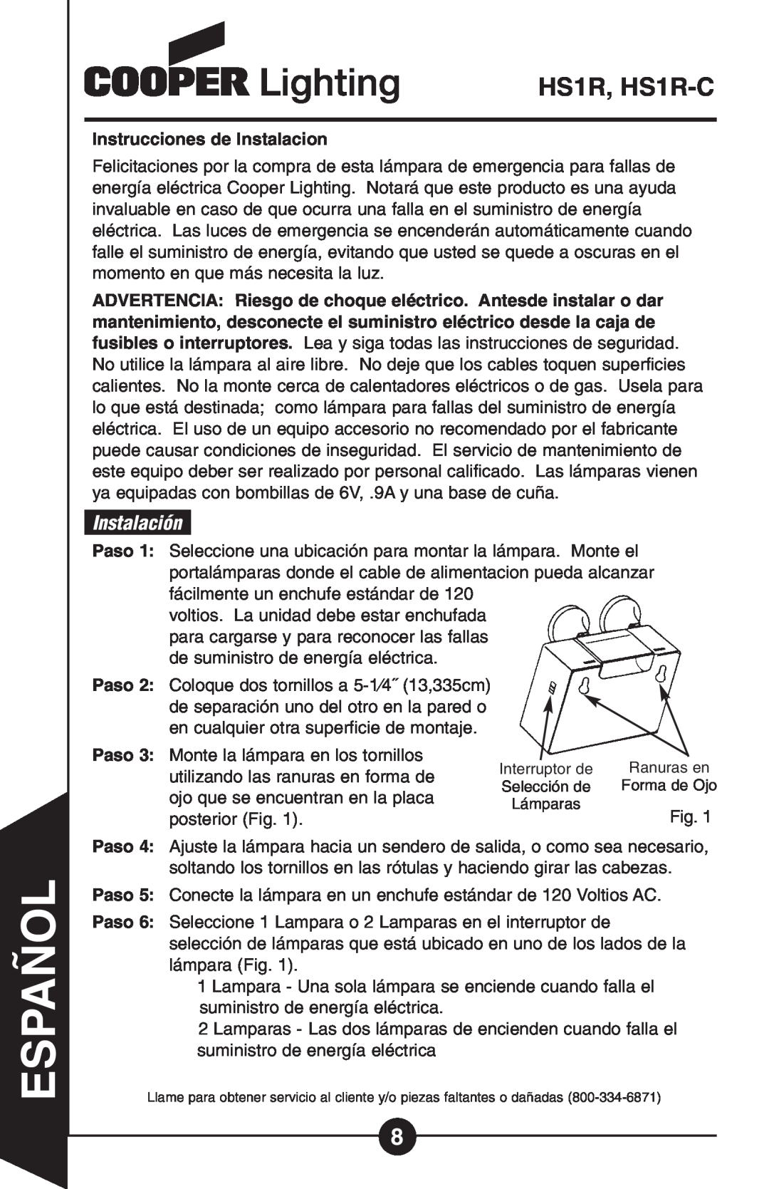 Cooper Lighting Hs 1r instruction manual Instalación, Español, HS1R, HS1R-C 