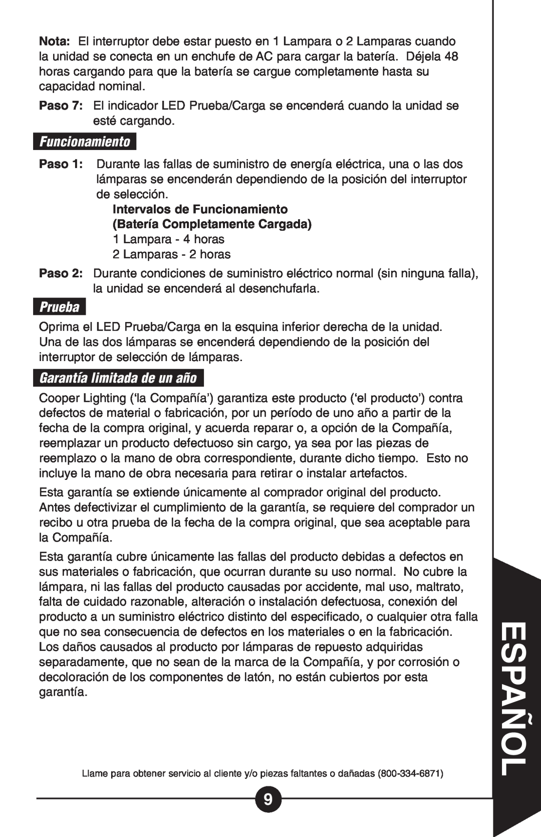 Cooper Lighting Hs 1r, HS1R-C instruction manual Funcionamiento, Prueba, Garantía limitada de un año, Español 
