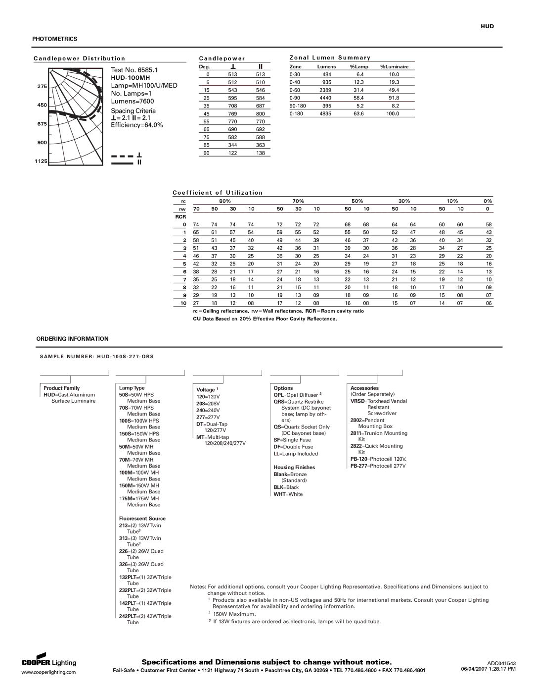 Cooper Lighting specifications HUD-100MH, Ordering Information 