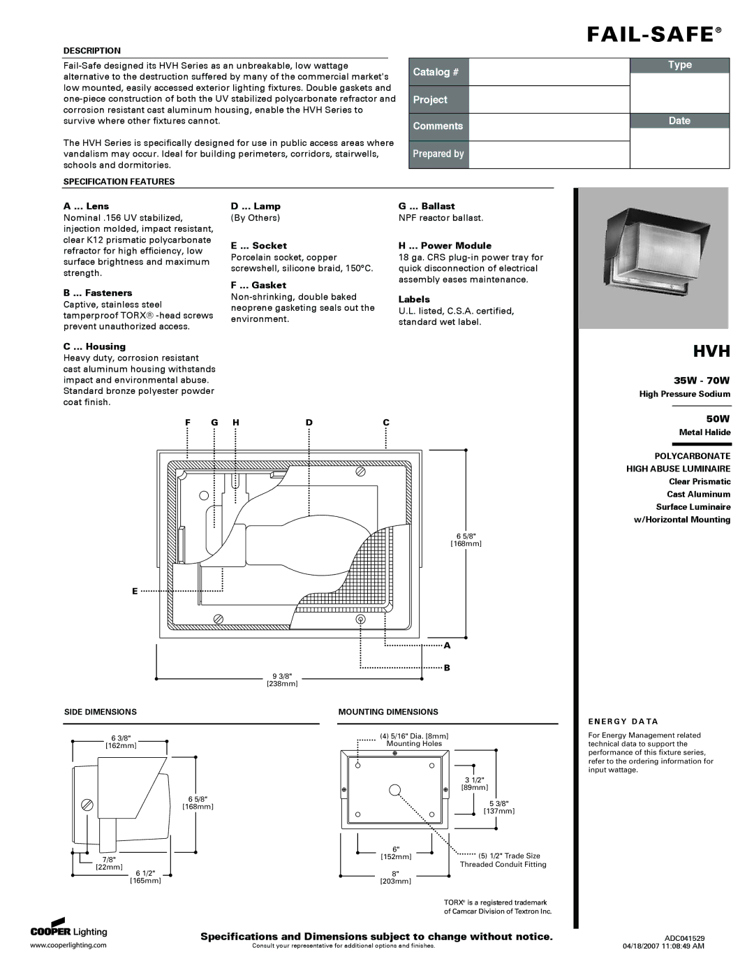 Cooper Lighting HVH specifications 35W 70W, 50W 