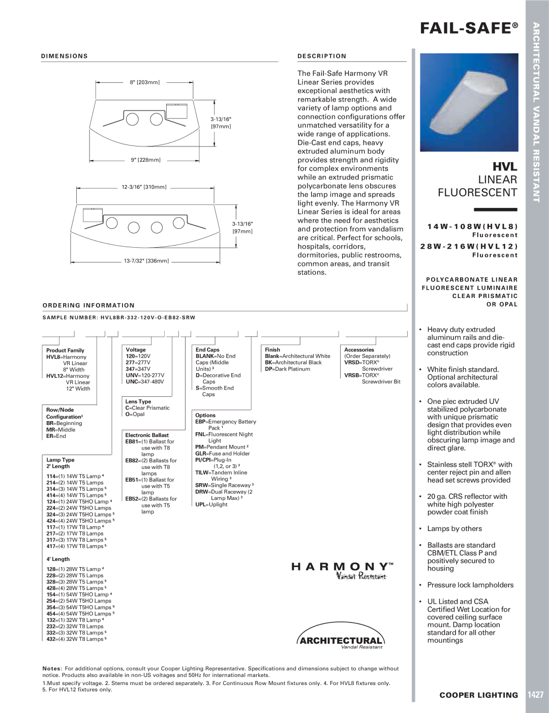 Cooper Lighting HVL8, HVL12 dimensions Fail-Safe, Hvl, Linear Fluorescent, 1 0 8 W H V L, 2 1 6 W H V L 1 