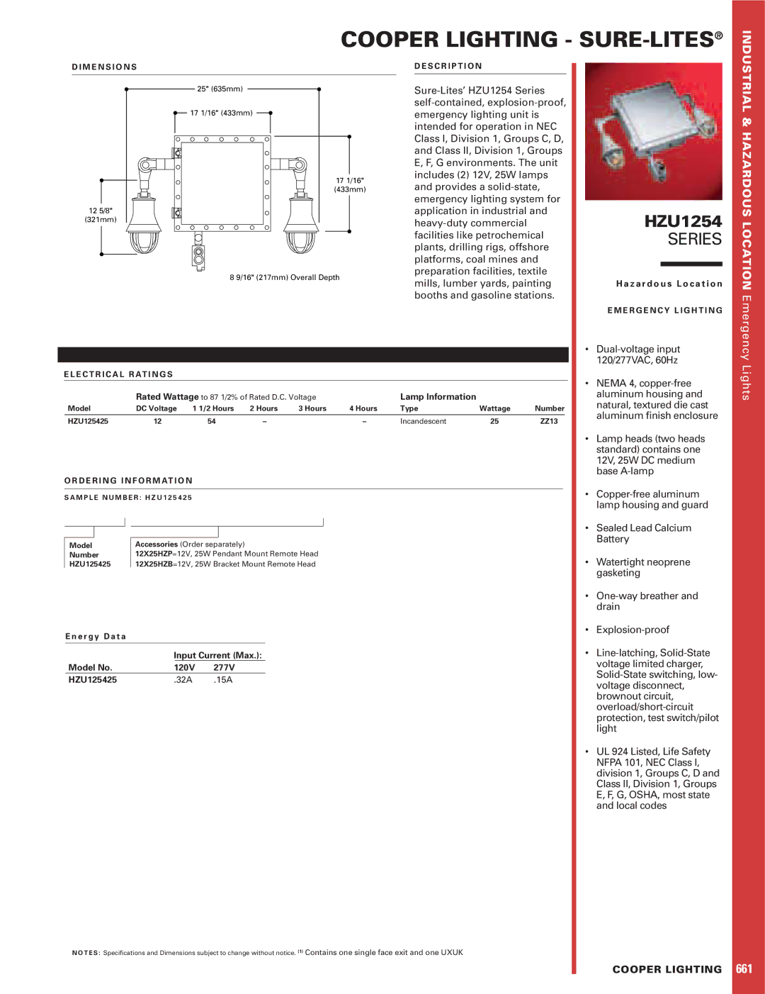 Cooper Lighting HZU1254 dimensions Cooper Lighting SURE-LITES, Explosion-proof 
