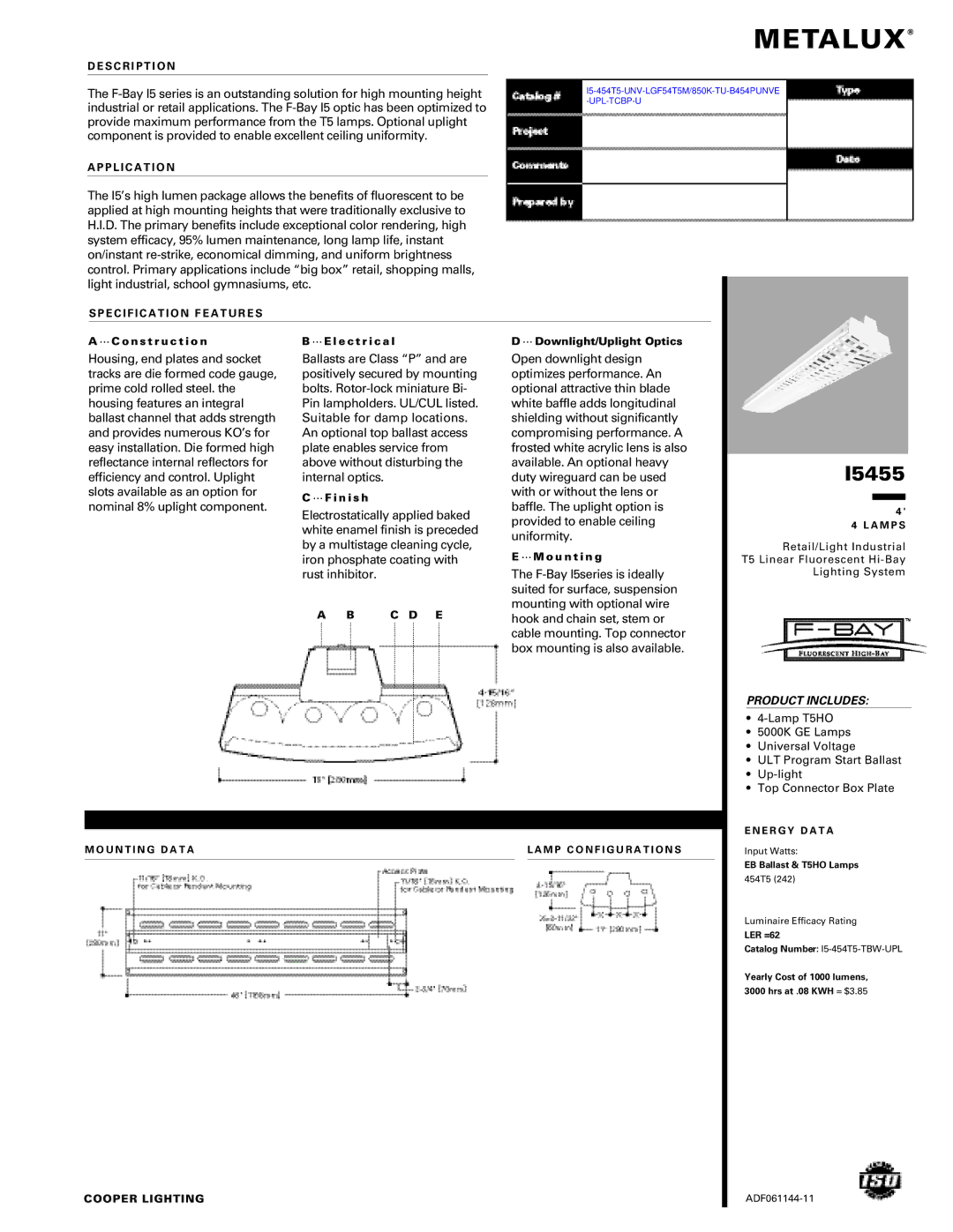 Cooper Lighting I5455 manual S C R I P T I O N, P L I C a T I O N, Specification F E a T U R E S, C D E, Coope R Lighting 