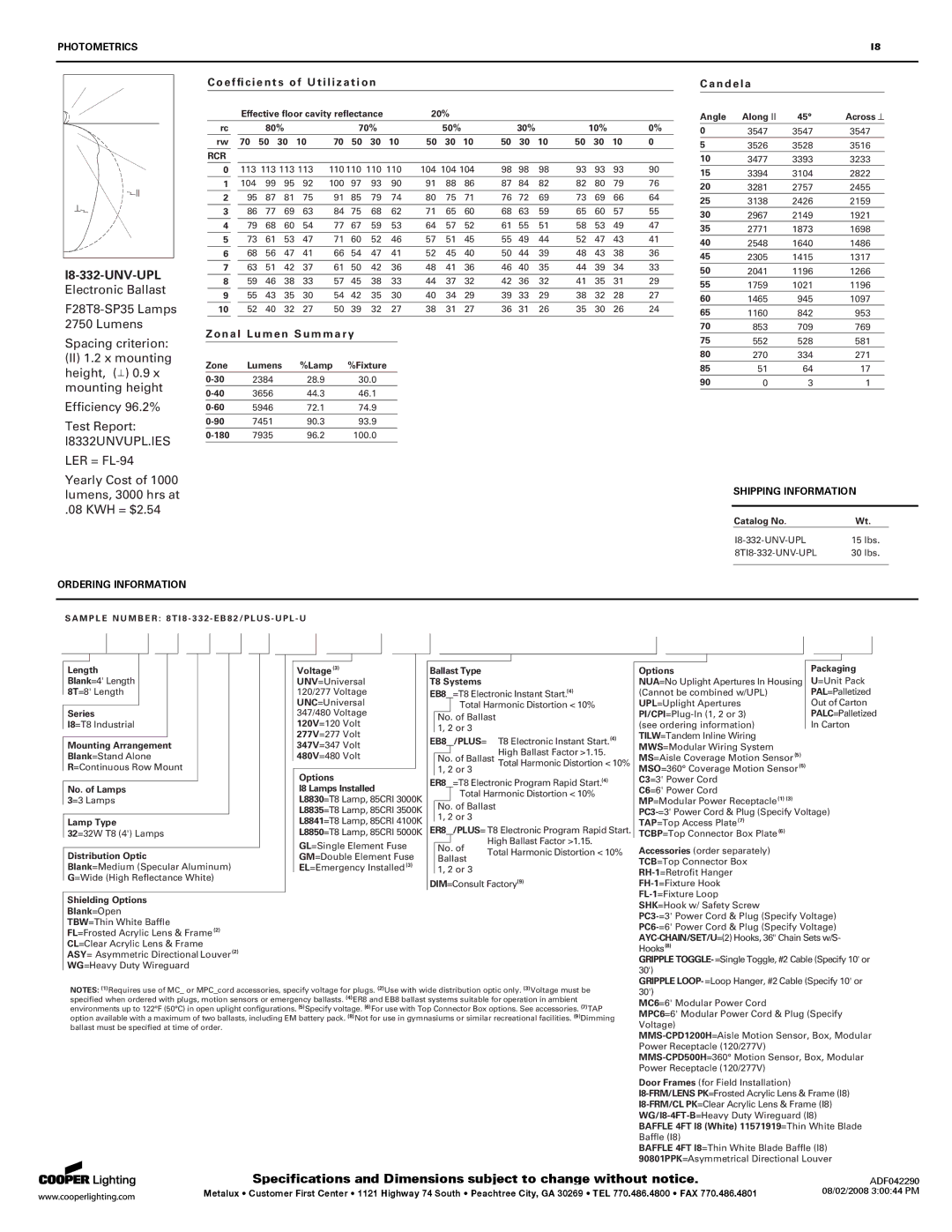 Cooper Lighting I8 Series Zone Lumens Lamp Fixture, 180, Length, Mounting Arrangement, No. of Lamps, Lamp Type, Voltage3 