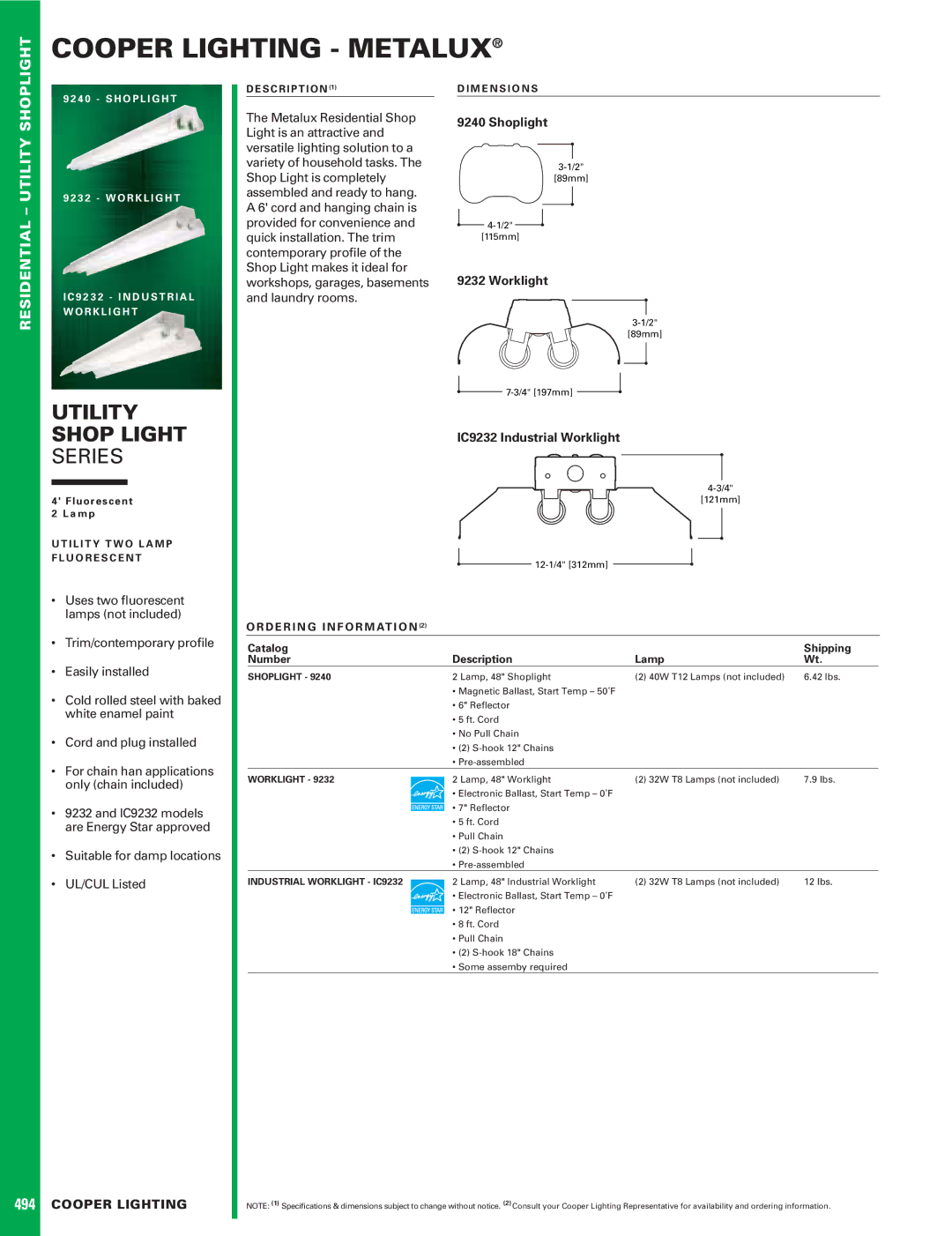 Cooper Lighting 9240 dimensions Shoplight, Industrial Worklight IC9232 