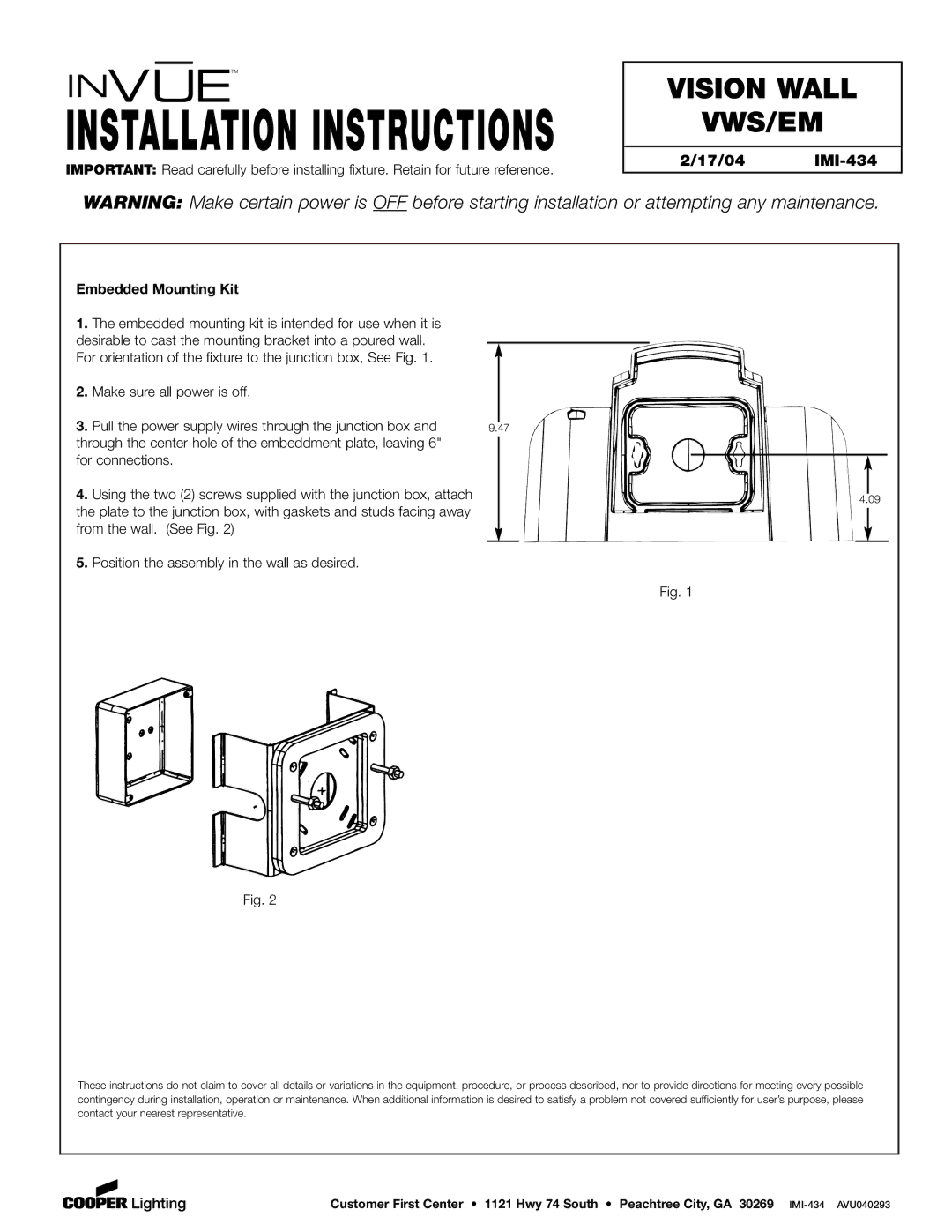 Cooper Lighting installation instructions Installation Instructions, Vision Wall VWS/EM, 17/04 IMI-434 