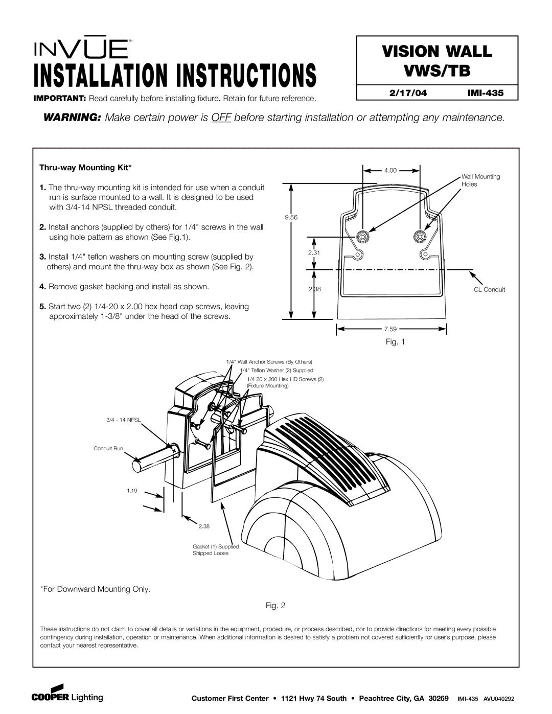Cooper Lighting installation instructions Installation Instructions, Vision Wall VWS/TB, 17/04 IMI-435 