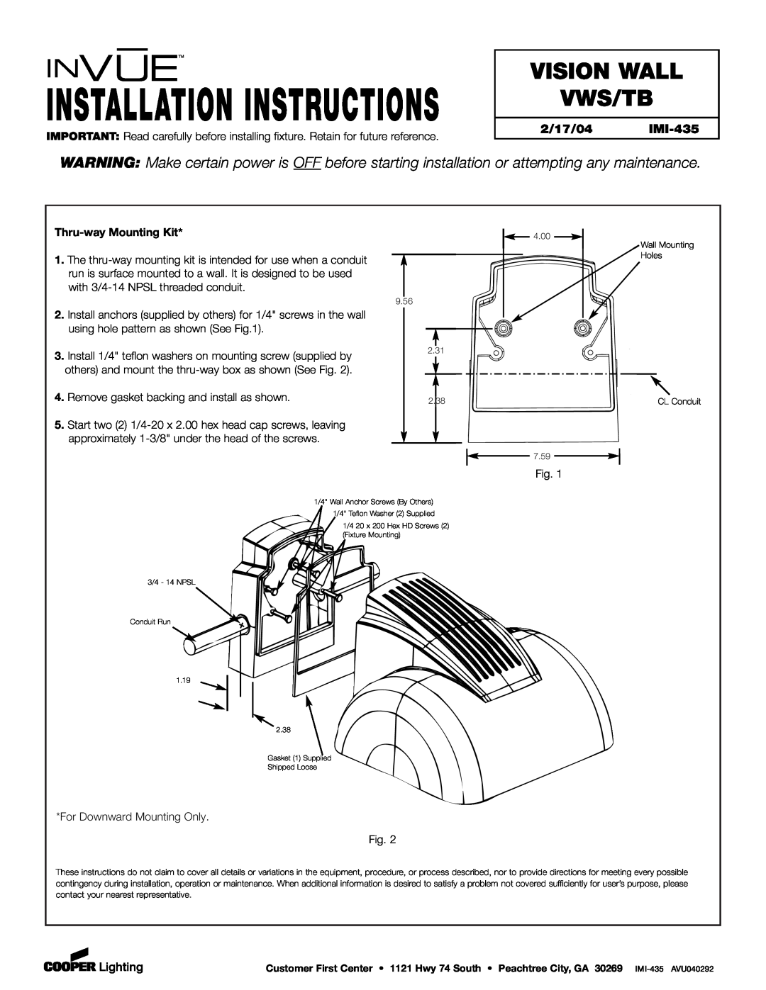 Cooper Lighting installation instructions Installation Instructions, Vision Wall Vws/Tb, 2/17/04 IMI-435 