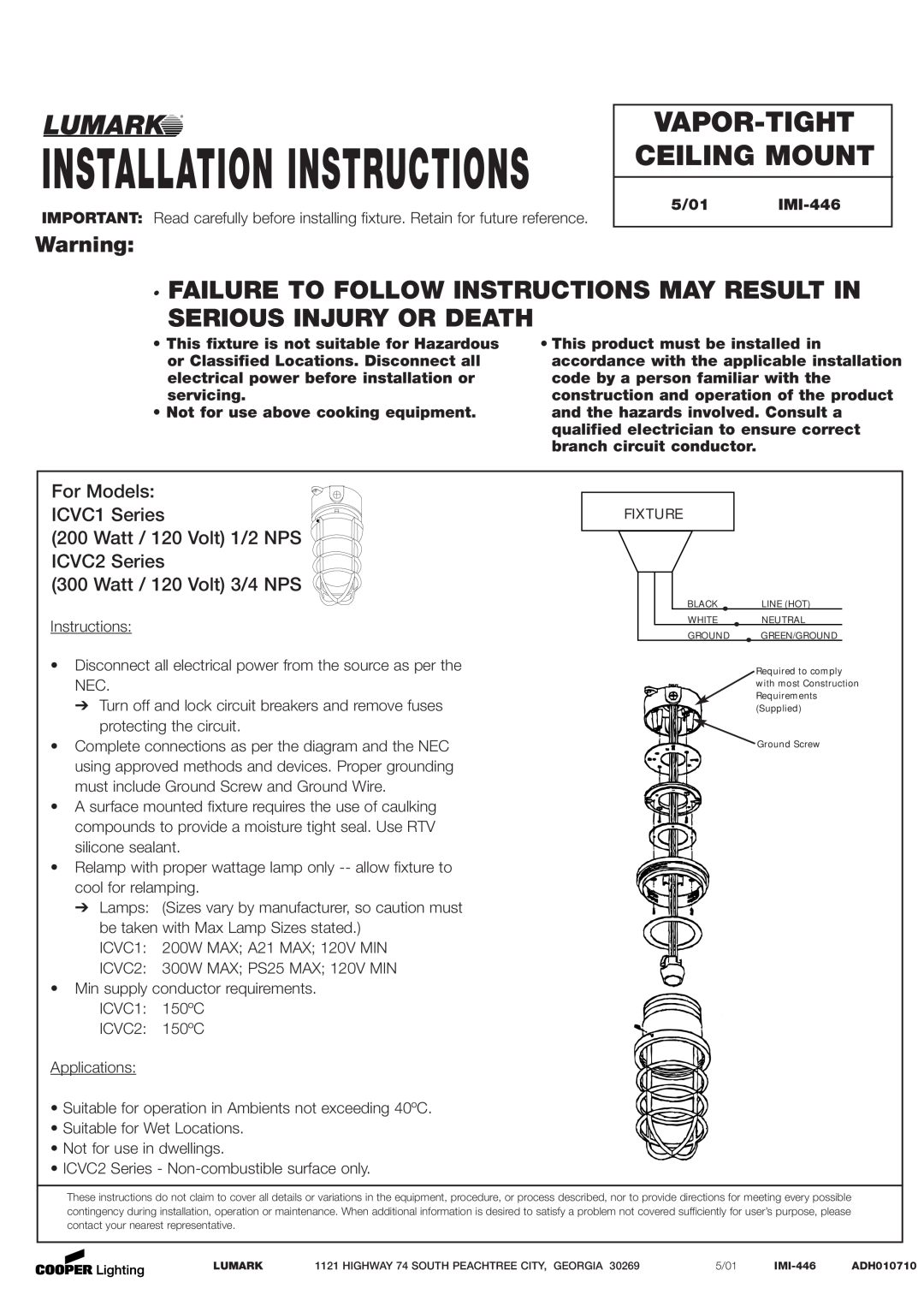 Cooper Lighting installation instructions Installation Instructions, Vapor-Tight Ceiling Mount, 5/01 IMI-446 