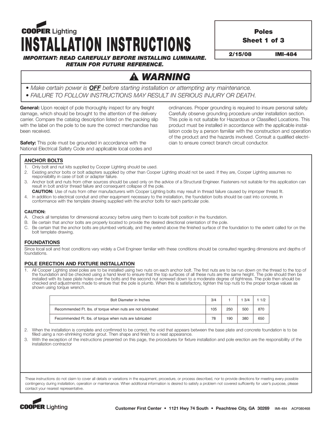 Cooper Lighting IMI-484 dimensions Poles Sheet 1, Anchor Bolts, Foundations, Pole Erection and Fixture Installation 