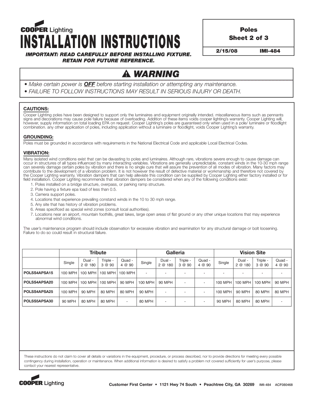 Cooper Lighting IMI-484 dimensions Poles Sheet 2, Grounding, Vibration 