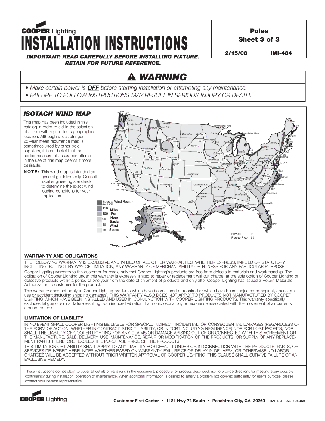 Cooper Lighting IMI-484 dimensions Poles Sheet 3, Warranty and Obligations, Limitation of Liability 