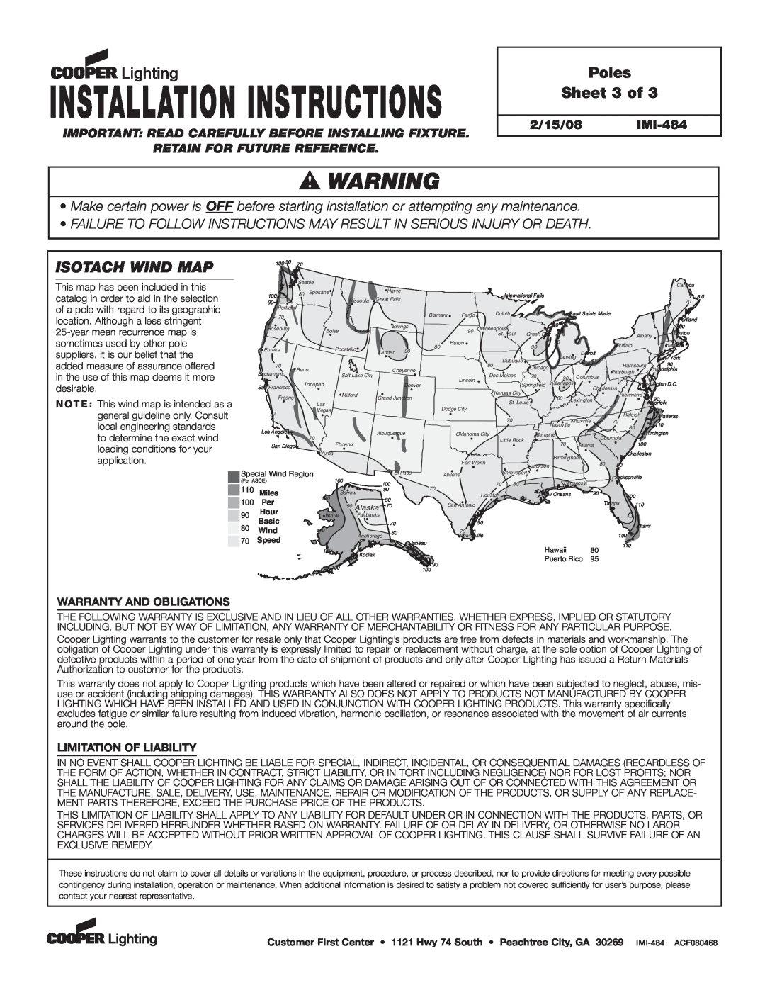 Cooper Lighting IMI-484 dimensions Poles Sheet 3 of, Installation Instructions, Isotach Wind Map 