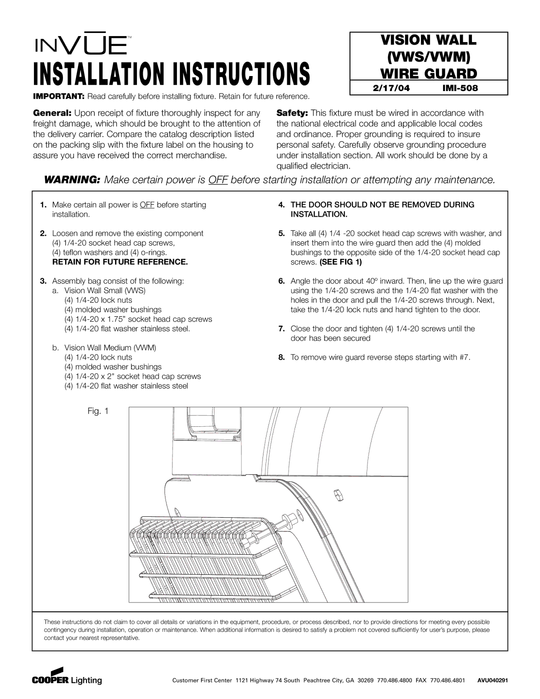 Cooper Lighting installation instructions Installation Instructions, Vision Wall VWS/VWM Wire Guard, 17/04 IMI-508 