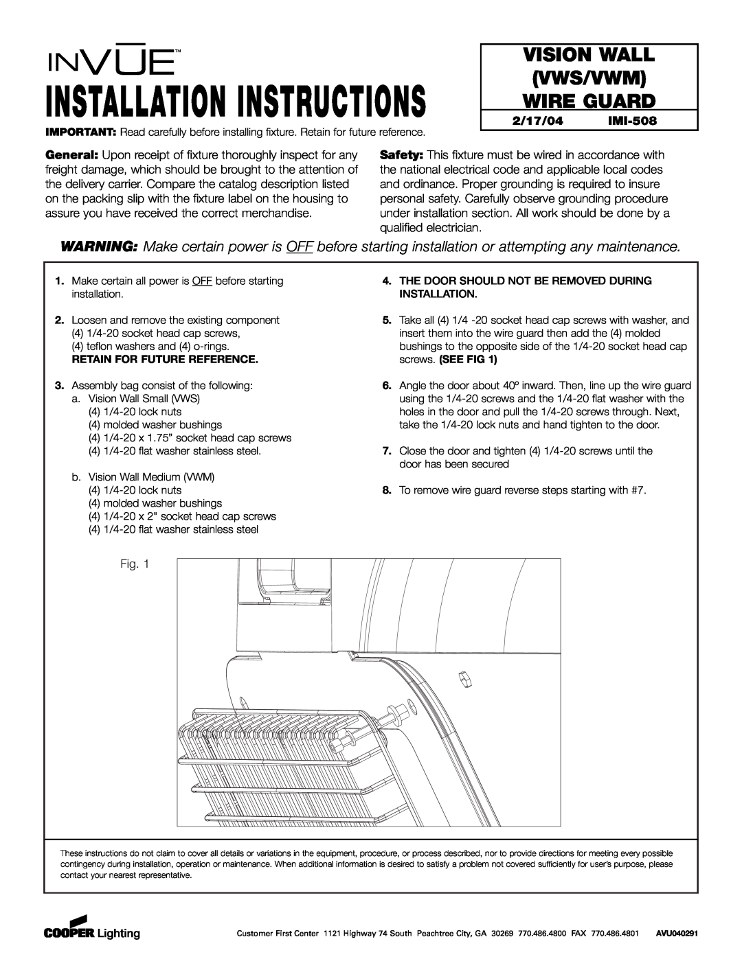 Cooper Lighting IMI-508 installation instructions Installation Instructions, Vision Wall Vws/Vwm Wire Guard 