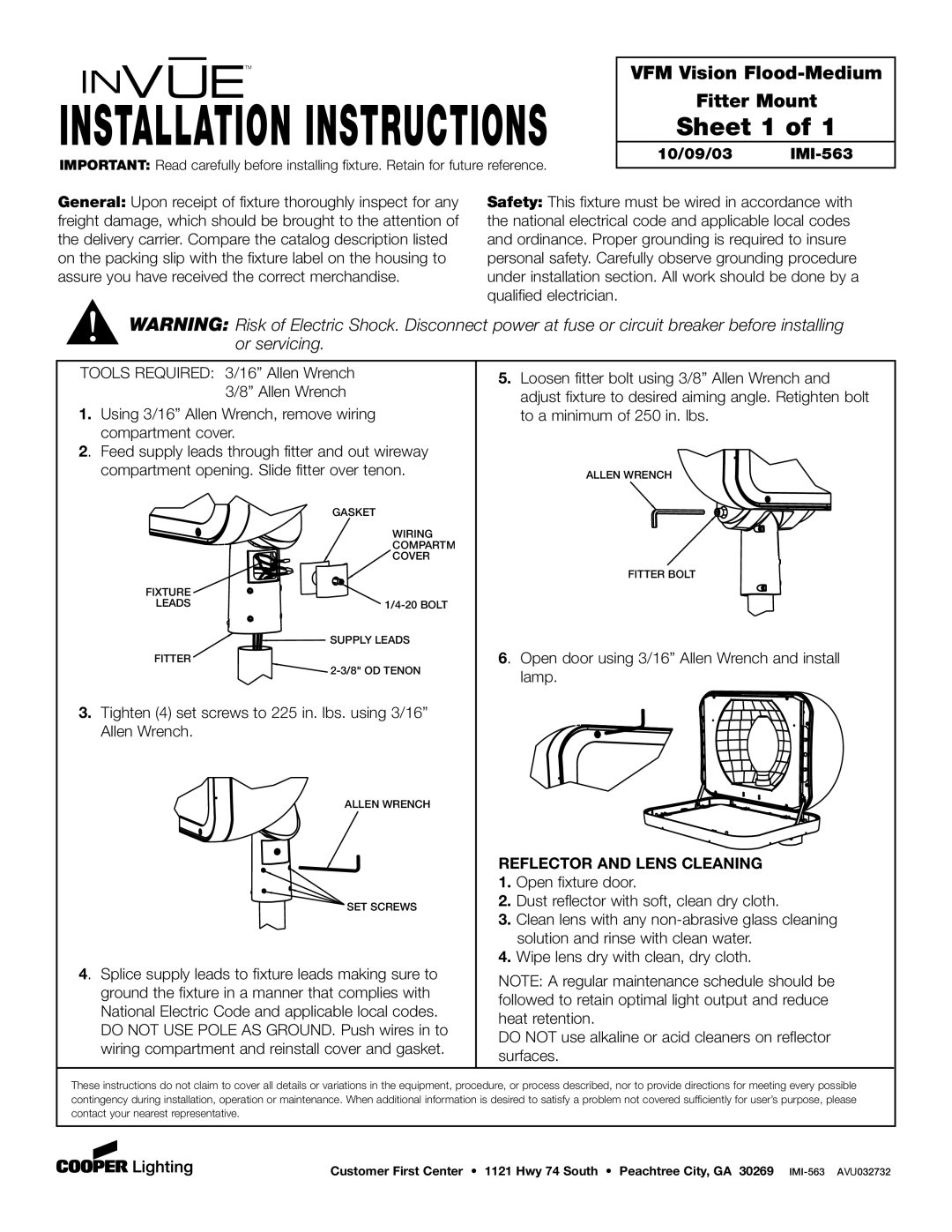 Cooper Lighting installation instructions Installation Instructions, Sheet 1, 10/09/03 IMI-563 