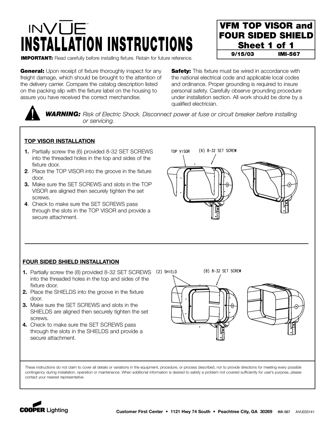 Cooper Lighting IMI-567 installation instructions Installation Instructions, VFM TOP Visor, Four Sided Shield, Sheet 1 