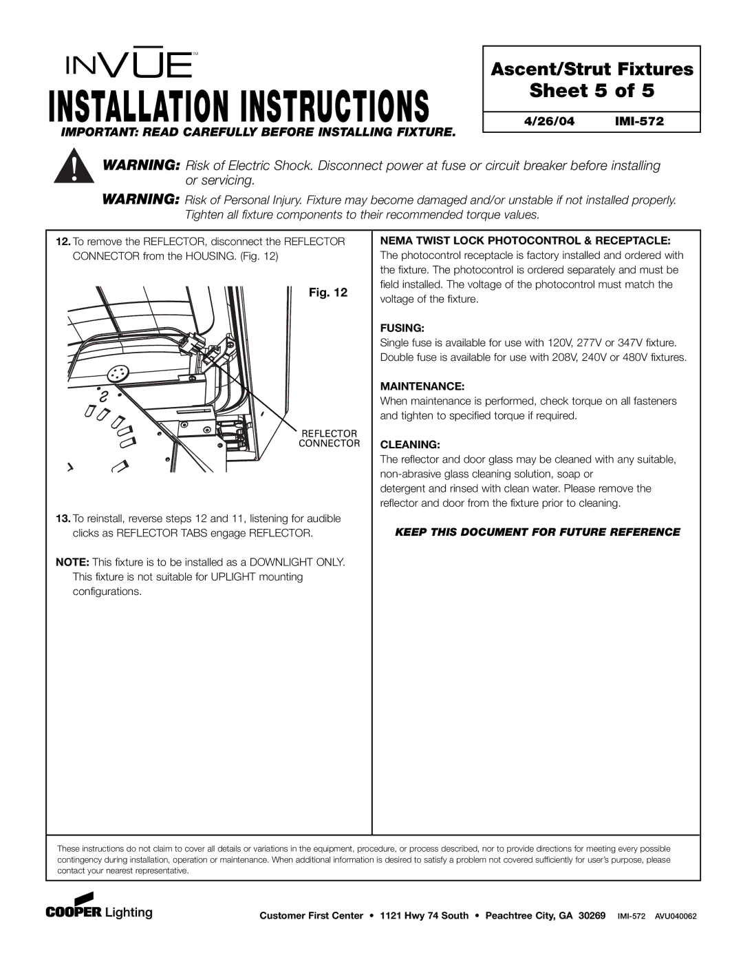 Cooper Lighting IMI-572 installation instructions Sheet 5, Reflector Connector 