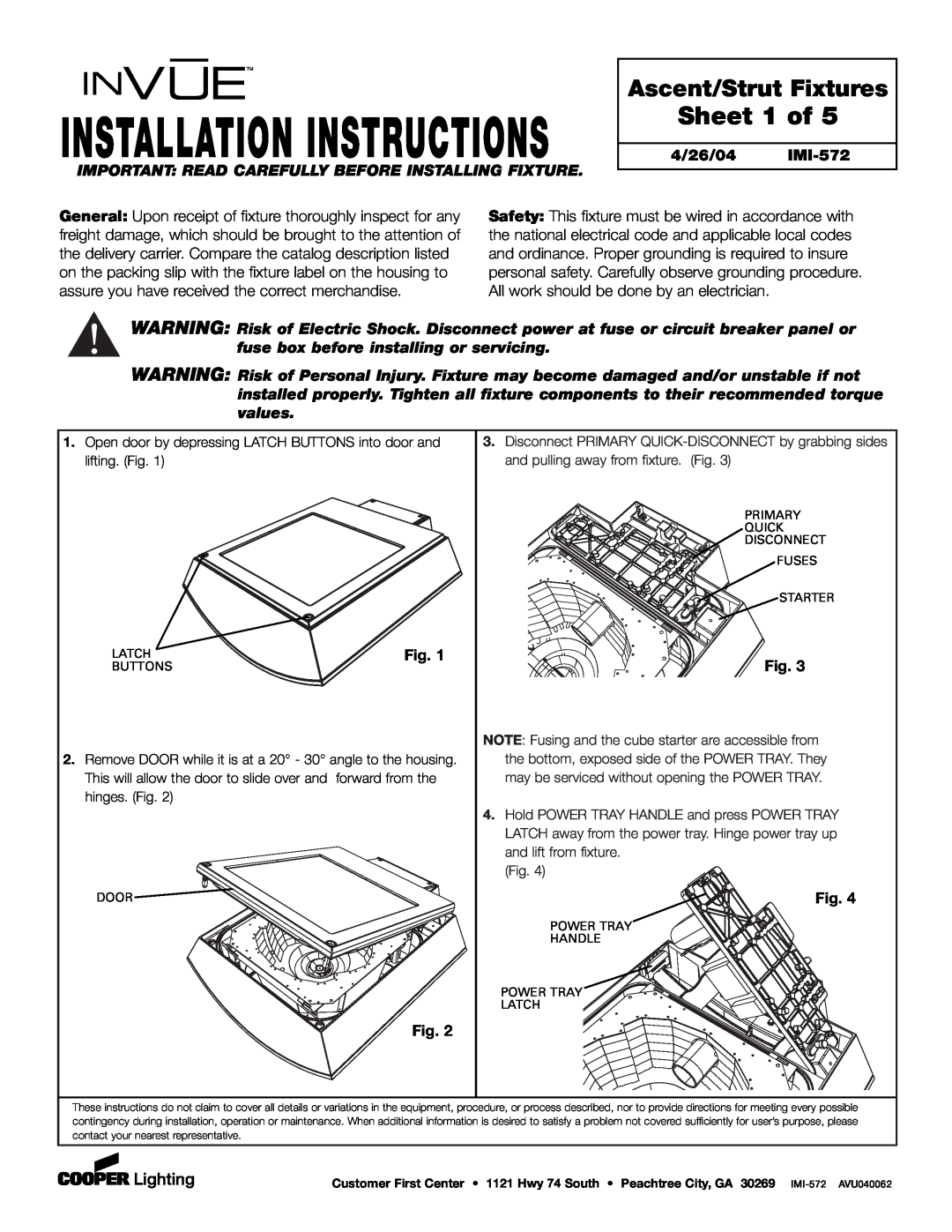 Cooper Lighting IMI-572 installation instructions Installation Instructions, Sheet 1 of, Ascent/Strut Fixtures 