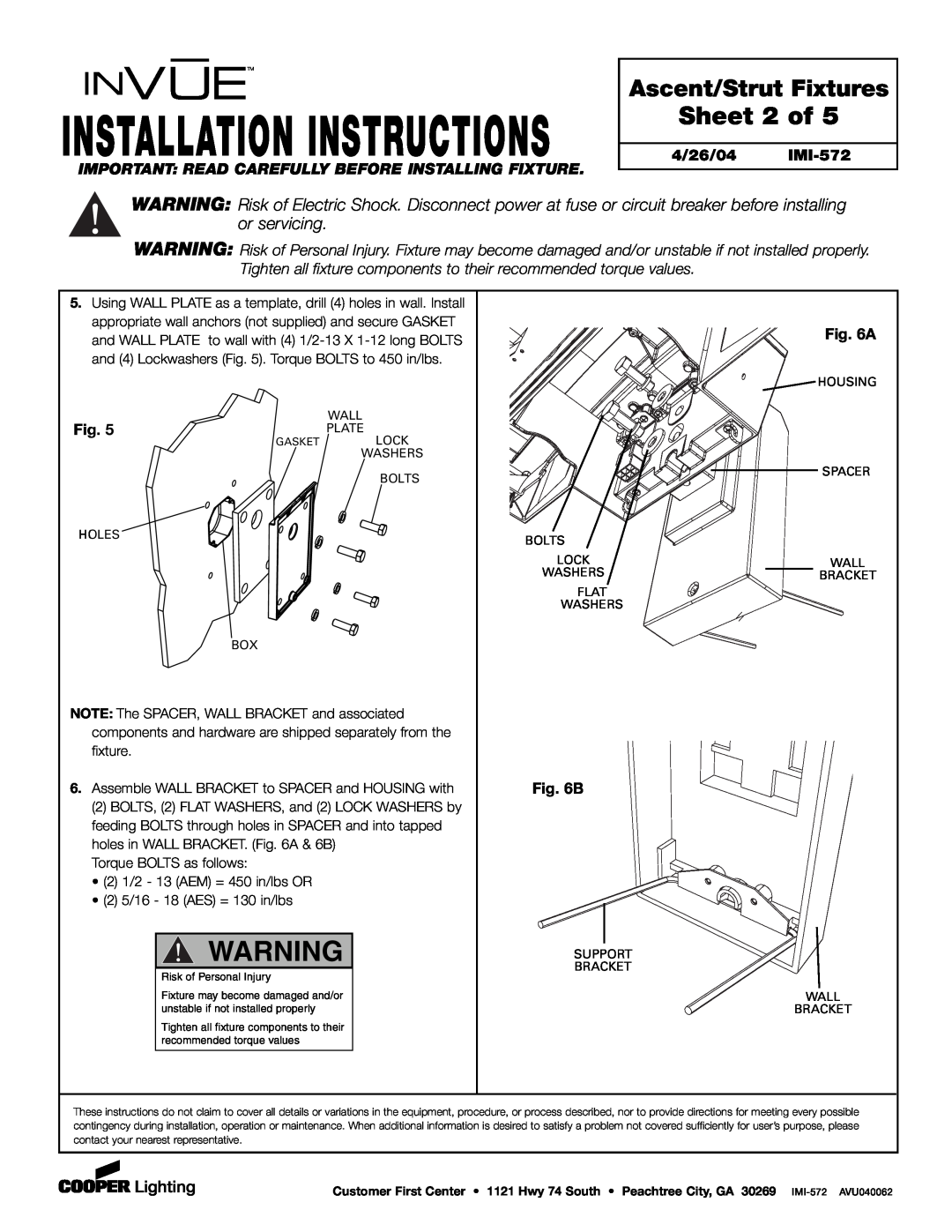 Cooper Lighting Sheet 2 of, B, Installation Instructions, Ascent/Strut Fixtures, 4/26/04 IMI-572 