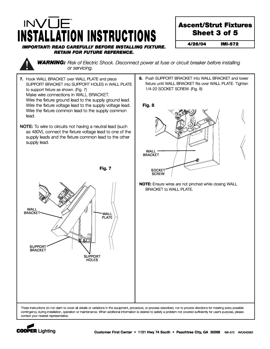 Cooper Lighting installation instructions Sheet 3 of, Installation Instructions, Ascent/Strut Fixtures, 4/26/04 IMI-572 