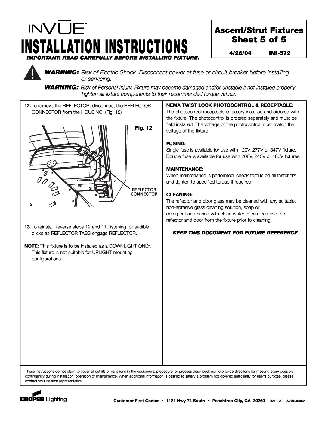 Cooper Lighting Sheet 5 of, Installation Instructions, Ascent/Strut Fixtures, 4/26/04 IMI-572, Fusing, Maintenance 