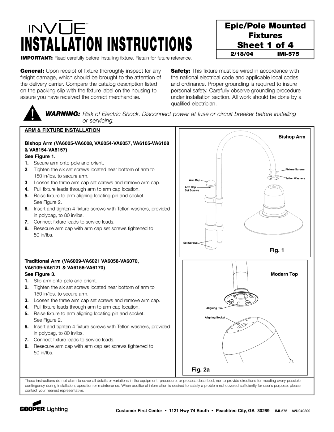 Cooper Lighting IMI-575 installation instructions Sheet 1, ARM & Fixture Installation, Bishop Arm, Modern Top 