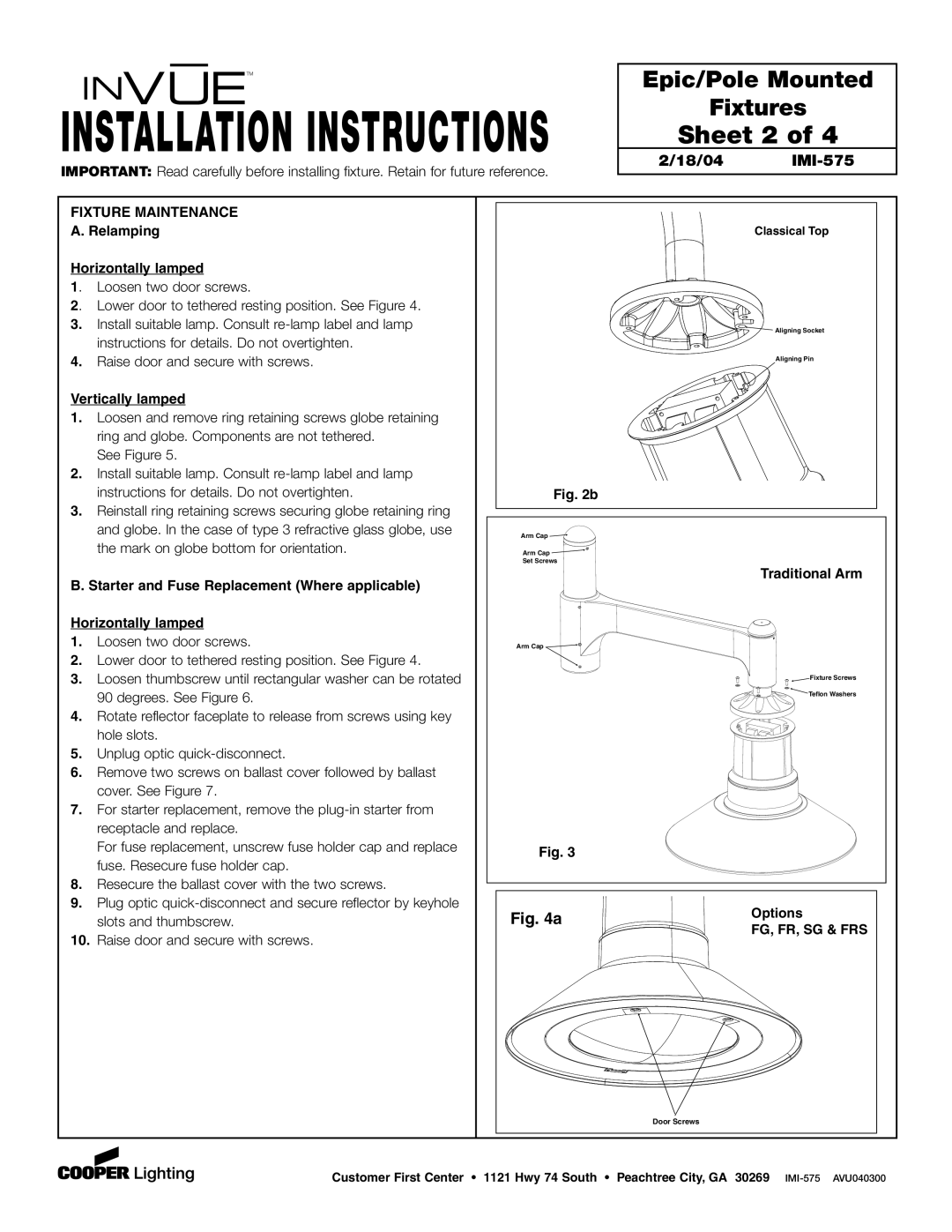 Cooper Lighting IMI-575 installation instructions Sheet 2, Fixture Maintenance, Fg, Fr, Sg & Frs 