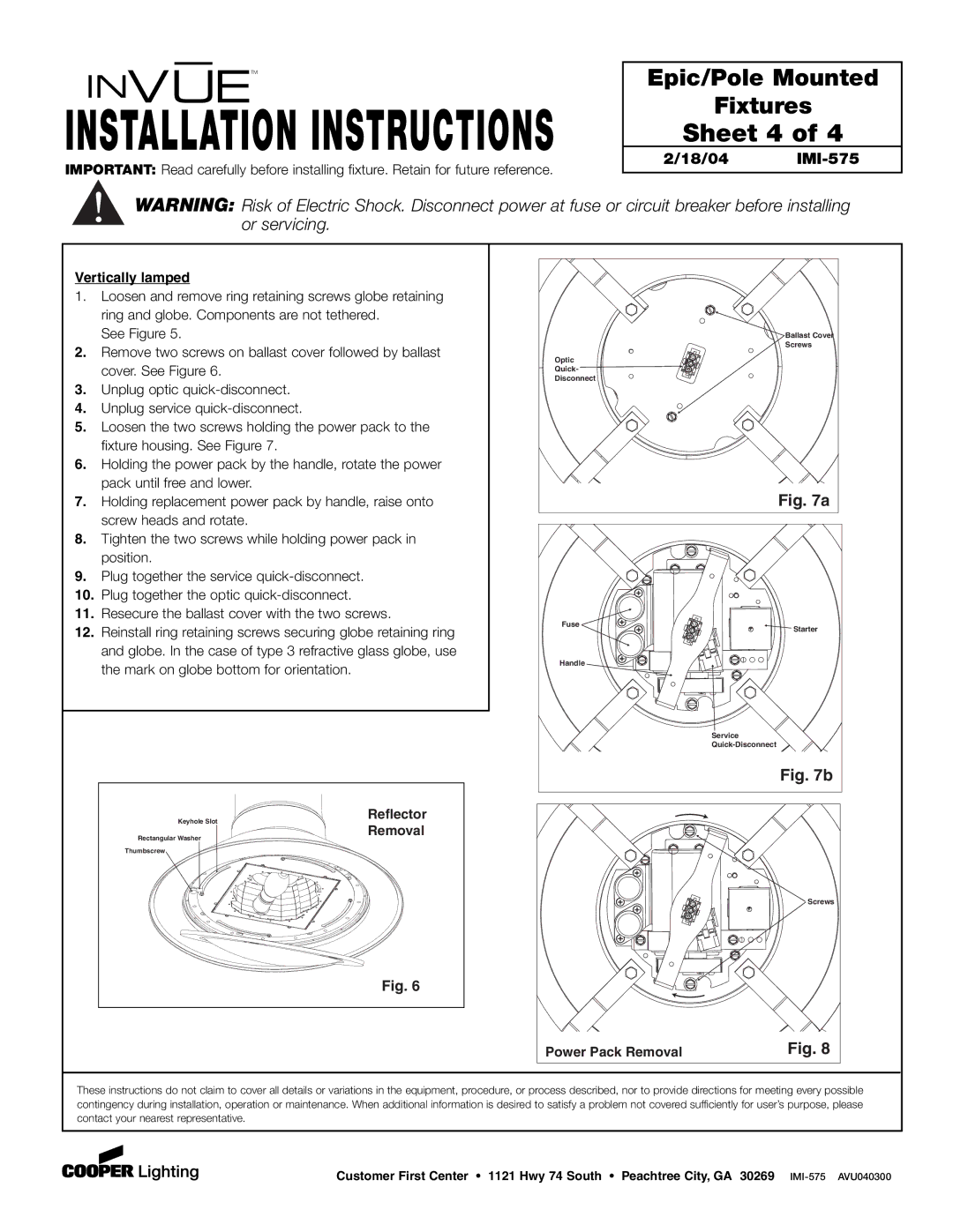 Cooper Lighting IMI-575 installation instructions Sheet 4, Reflector, Power Pack Removal 