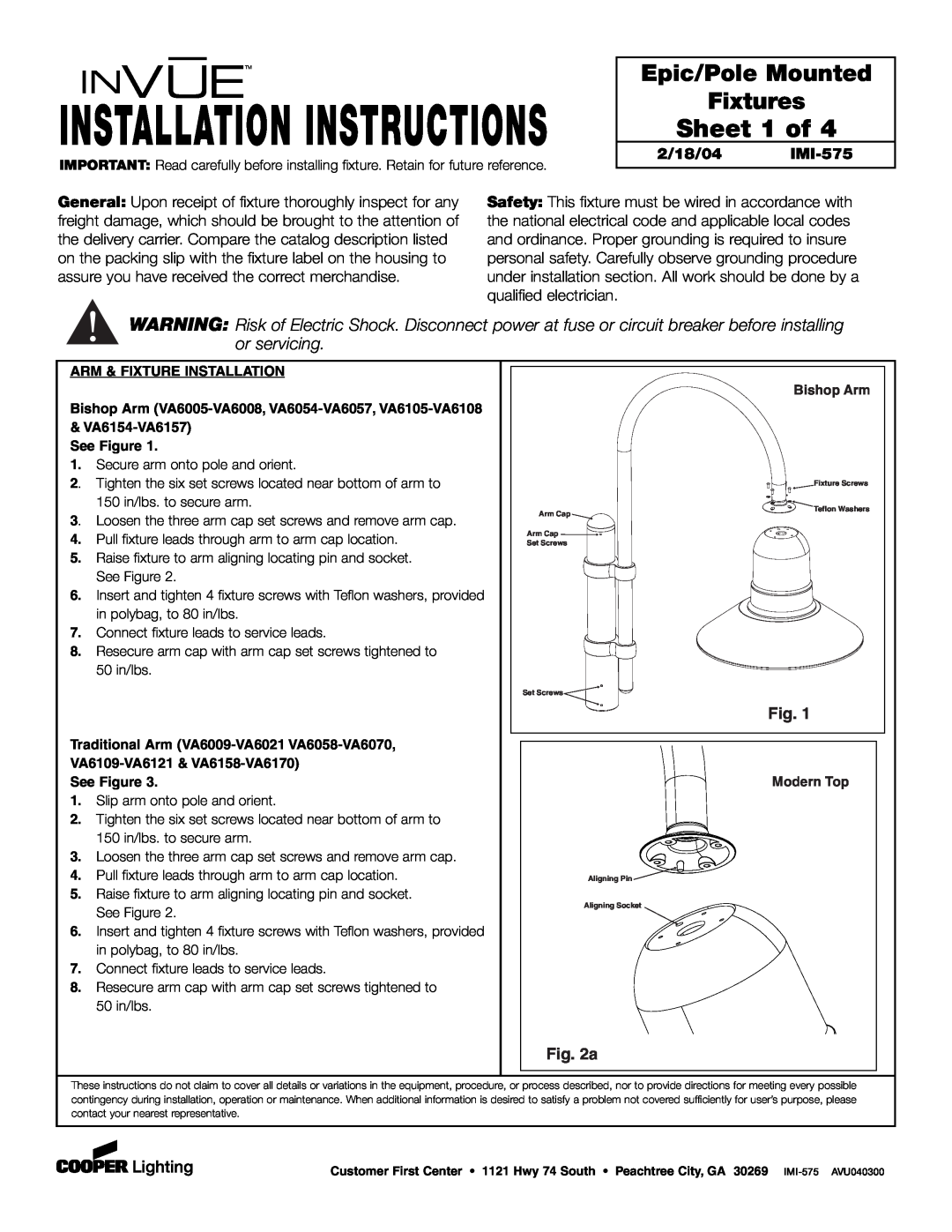 Cooper Lighting IMI-575 installation instructions Installation Instructions, Sheet 1 of, Epic/Pole Mounted Fixtures 
