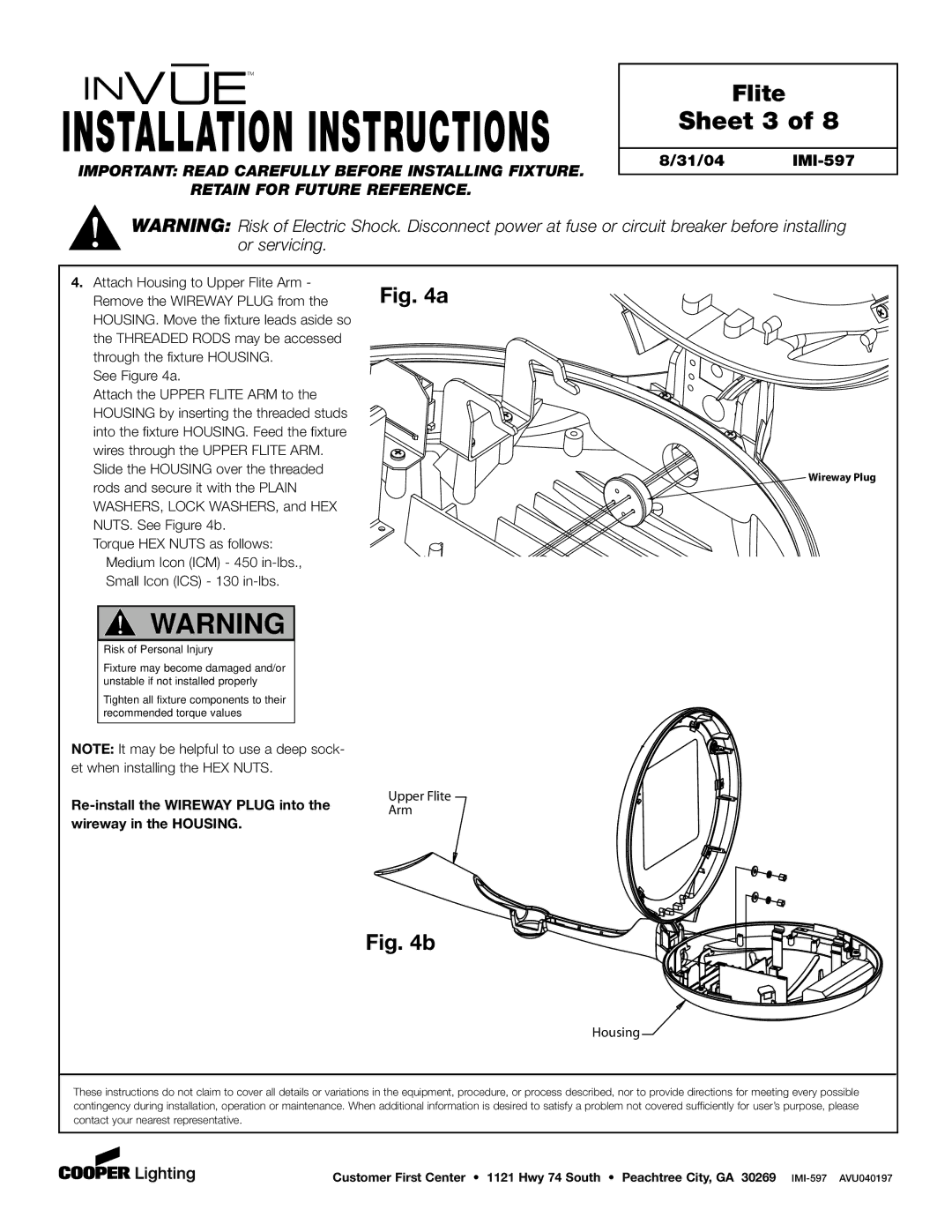 Cooper Lighting IMI-597 installation instructions Sheet 3, Rods and secure it with the Plain, Upper Flite Arm Housing 