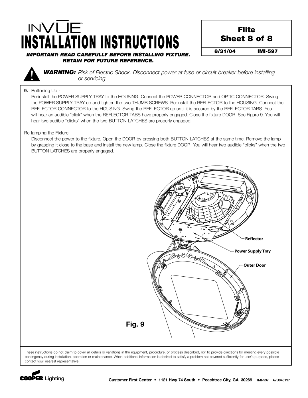 Cooper Lighting IMI-597 installation instructions Sheet 8, Buttoning Up, Reflector Power Supply Tray Outer Door 