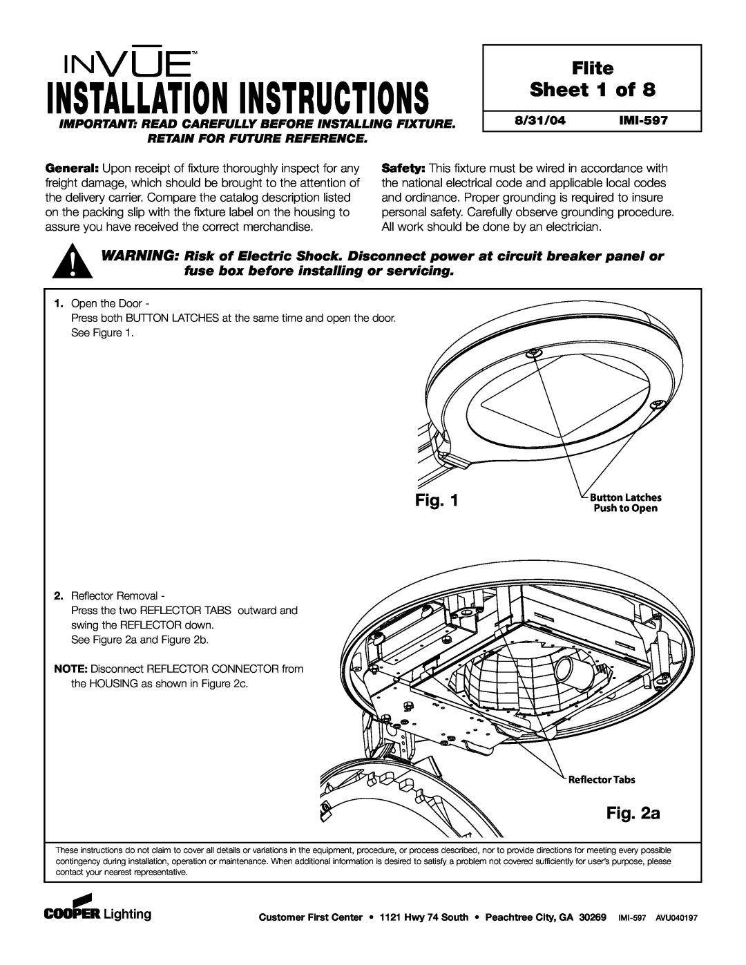 Cooper Lighting installation instructions Installation Instructions, Sheet 1 of, Flite, 8/31/04 IMI-597 